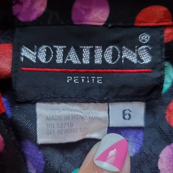 VTG 80s Black with Multicolored Polka Dot Rayon Blouse by Notations Sz 6 - Picture 5 of 8